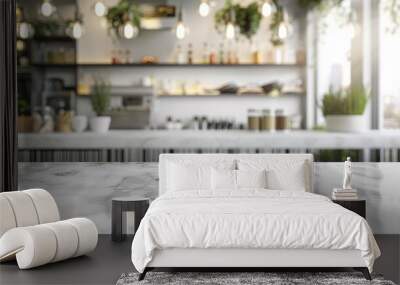 Empty white table top, counter, desk background over blur perspective bokeh light background, White marble stone table, shelf and blurred kitchen restaurant for food, product display mockup, template Wall mural