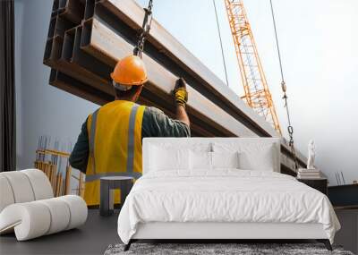 Engineer supervising the lifting of steel beams by a crane with a partially constructed bridge and clear sky in the background safety gear and tools visible Wall mural