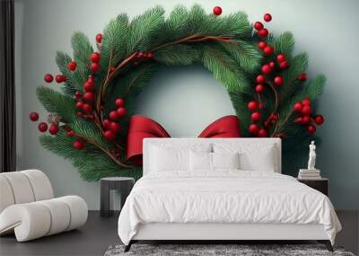 Festive Christmas Wreath with Red Bow and Berries Wall mural