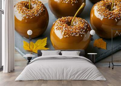 Festive display of caramel apples with Thanksgiving decorations, illustration Wall mural