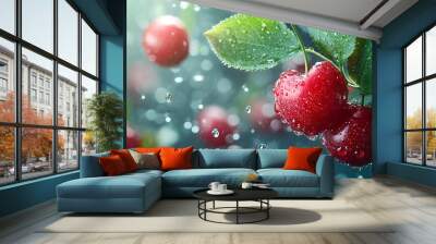 Fresh Cherries with Water Droplets for Your Summer Designs Wall mural