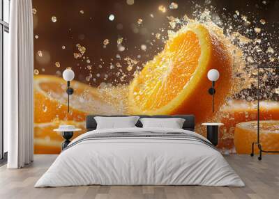 Fresh Orange Slices Splashing with Water - Perfect for Juicy and Refreshing Drinks Wall mural