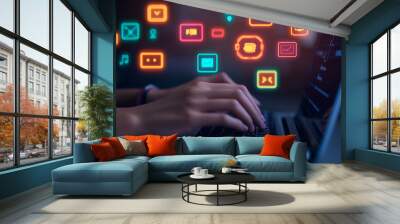 Futuristic concept showcasing importance of feedback in digital age, with hand typing on a laptop and glowing icons representing the continuous flow of feedback and communication in the online world Wall mural