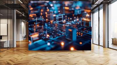 Futuristic infrastructure of a smart night city. Blue neon colors. Connection technology metaverse concept. Night city banner with big data. Device connection. 3d artwork creative concept Wall mural