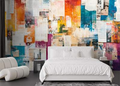 Grungy abstract backdrop featuring a vibrant collage of torn newspaper and magazine clippings, embellished with colorful graffiti elements. Edgy and dynamic urban texture white Wall mural