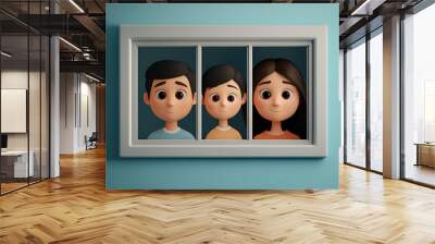 Happy Family Peeking Through Window - 3D Cartoon Illustration for Family, Home, and Togetherness Concepts Wall mural