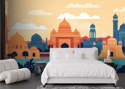 Indian Architecture Skyline - Majestic Buildings & Golden Hour, Travel Destination Illustration Wall mural