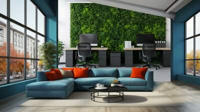 Modern Office Interior Design with Green Wall, Two Workstations, and City View Wall mural