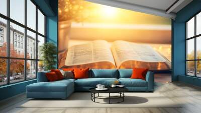 Open book bible and light on table from heaven with glowing from salvation knowledge and trust in Jesus. Holy story religion study and sunlight on scripture for spiritual healing guide and gospel Wall mural