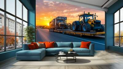 POV heavy industrial truck semi trailer flatbed platform transport two big modern farming tractor machine on common highway road at sunset sunrise sky. Agricultural equipment transportation service Wall mural