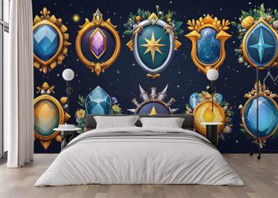 Precious stones in gold and silver frames in medieval style badges with star and fantasy frame for game gui ui design. Vector illustration creative concept Wall mural