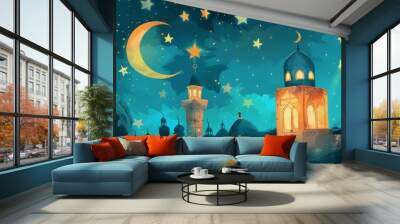 Ramadan Mubarak: Illustrated Poster Design with Lantern, Stars, and Moroccan Architecture Wall mural