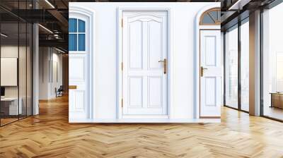 Realistic 3D vector set of a white wooden door for front entrances or interiors of houses apartments or offices Depicted in open closed and ajar positions isolated on a white Wall mural