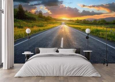 Realistic Photography A highway extends to the vanishing point of the horizon, center composition Wall mural