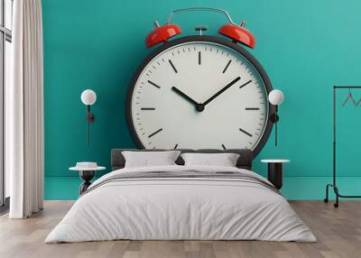 Red Alarm Clock on Teal Background Wall mural