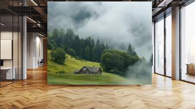 Secluded house on foggy mountain, northern European farm in the countryside Wall mural