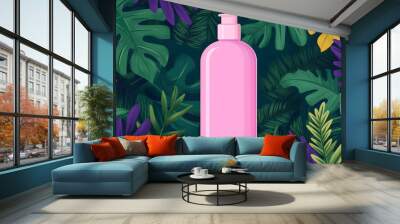 Serene Lavender Shampoo Bottle Amidst Tropical Vibes with Cartoonish Appeal, Generative Ai Wall mural