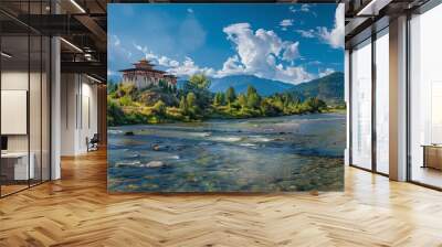 Serene View of Paro Dzong Amidst Greenery and Mountains at Golden Hour Wall mural