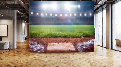 Space Copy Stadium Outdoor Field Baseball sport plate mound softball crowd fan spotlight illuminated game match arena grass dirt clay competition background turf league no people bright Wall mural