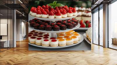 Spring or summer dessert table, three tiered tray with desserts Wall mural