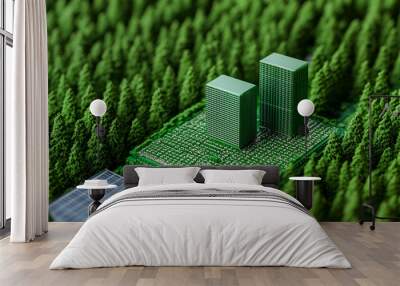 Sustainable Future Concept: Green Cityscape with Solar Panels and Chip Wall mural