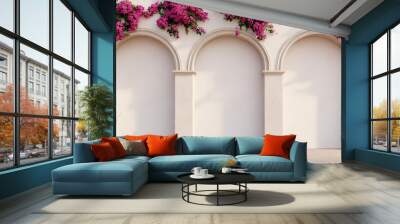 Three Arches with Pink Bougainvillea Flowers Wall mural