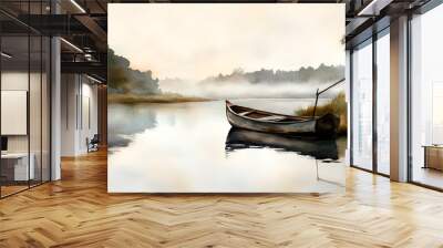 Tranquil Watercolor of a Rowboat on a Misty Lake - Perfect for Home Decor and Relaxation Wall mural