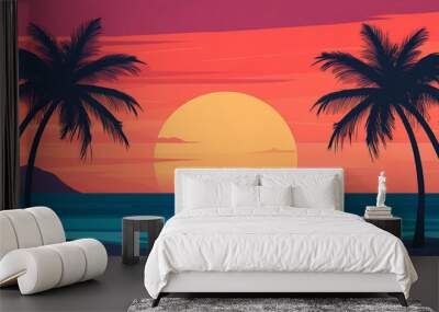 Tropical Sunset Beach with Palm Trees, Minimalist Illustration for Travel and Vacation Branding Wall mural