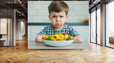 Unhappy little boy don't want to eat salad and fruit on bowl at the table Stop Don't want vegetable anymore Wall mural