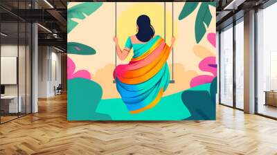 Vibrant Illustration of a Woman in a Colorful Sari on a Swing Wall mural