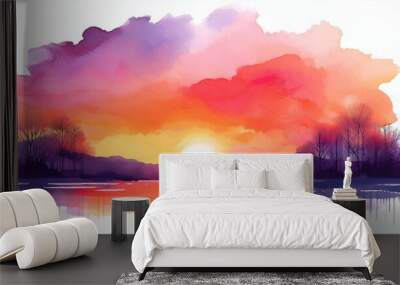 Watercolor Sunset Landscape with Lake and Trees Wall mural