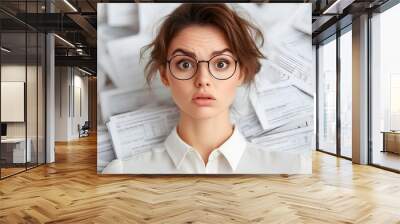 Young worried woman with a pile of bills or tax papers looking confused or overwhelmed, being in debt or behind on taxes or bills Wall mural