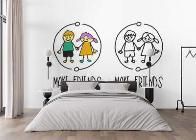 illustration two kids make friends, doodle art, kids logo Wall mural