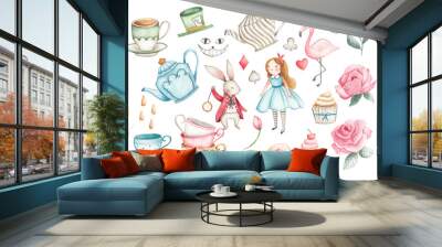 Alice in wonderland Watercolor illustration set Wall mural