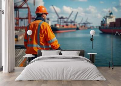 Dock worker in high-visibility orange gear overlooking container ships at a busy industrial port on a sunny day Wall mural