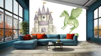 Fairy tale Princess and Knight watercolor illustration Wall mural