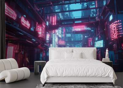 Neon-lit streets in a futuristic cyberpunk metropolis Wall mural