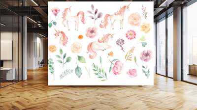 Unicorn watercolor illustration baby girls pink floral  Wall mural