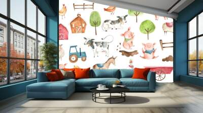 Watercolor animals Farm illustration pig cow chicken duck donkey  Wall mural