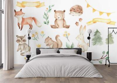 Woodland animals watercolor illustration baby bear fox squirrel bunny  Wall mural