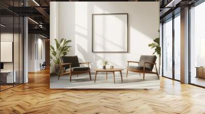 Minimalist Living Room with Empty Frame, Two Chairs, and Plants Wall mural