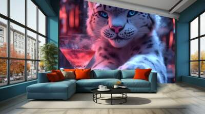 A snow leopard drinks a cocktail at the bar Wall mural