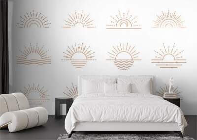 Boho sunrise logo, sun line art vector. Sunset stock vector logo design Wall mural