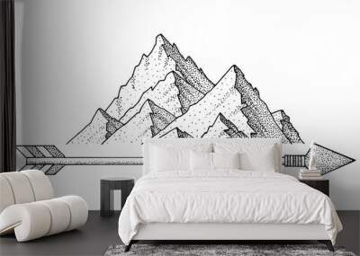 Hand drawn ink sketch mountain, minimalist dots style mountain travel, vector illustration Wall mural