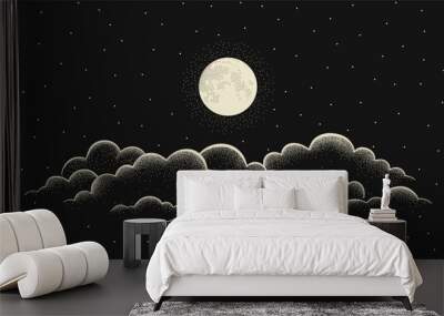 Night starry sky with full moon and cloud. Vector background with cloudy sky, moonlight Wall mural