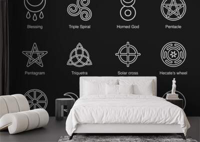 Wiccan and pagan symbols pentagram, triple moon, horned god, triskelion, solar cross, spiral, wheel of the year. Vector stock clipart Wall mural