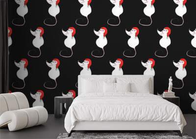 Seamless pattern with funny Christmas mice. Hand drawn illustration with alcohol-based markers. Wall mural