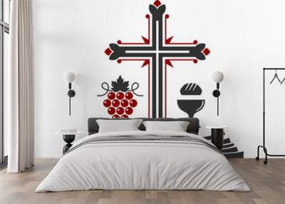 Christian illustration. Church logo. Cross, open bible, holy grail and vine. Wall mural