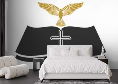 Christian illustration. Church logo. Cross of Jesus Christ, bible and dove. Wall mural