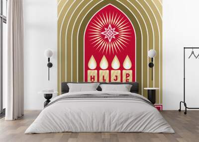 Christmas vector illustration. Four Advent candles lit in anticipation of the birth of Jesus Christ. Wall mural